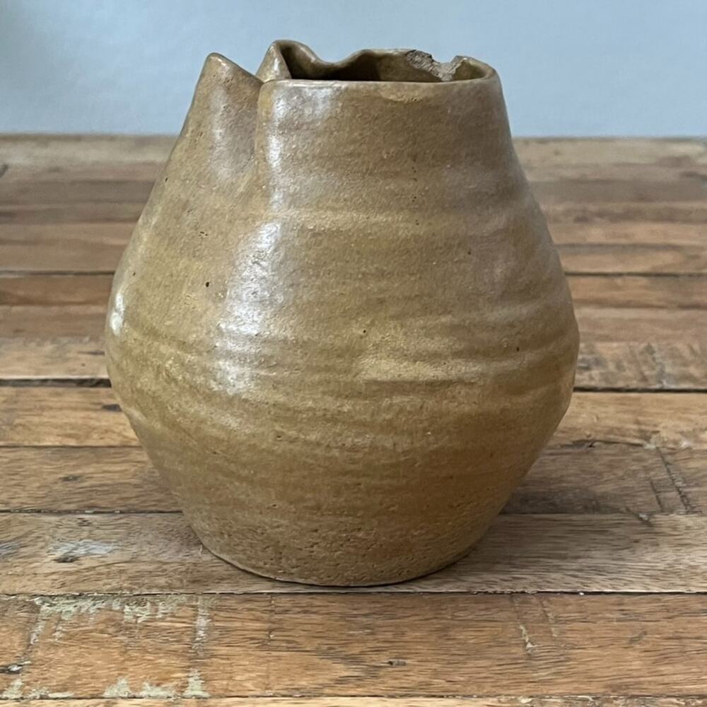 Stoneware Hand Molded Vase 5" Tan Brown Semi-Matte Artist Signed
